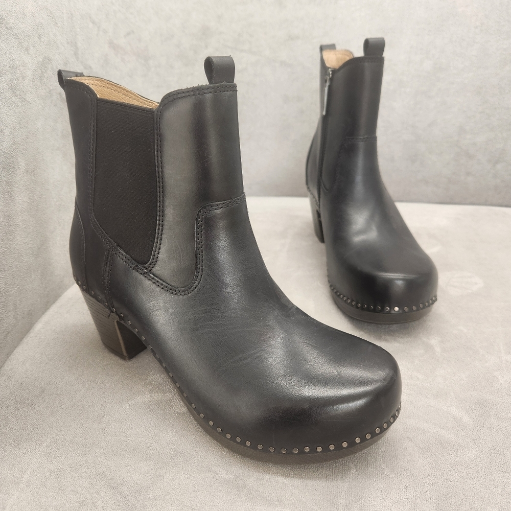 Dansko Ankle Boots 8 Black Leather Shayna Clogs Chunky Scandinavian Boho New$190